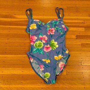 Christina Vintage Blue Floral Tropical One Piece Bathing Suit